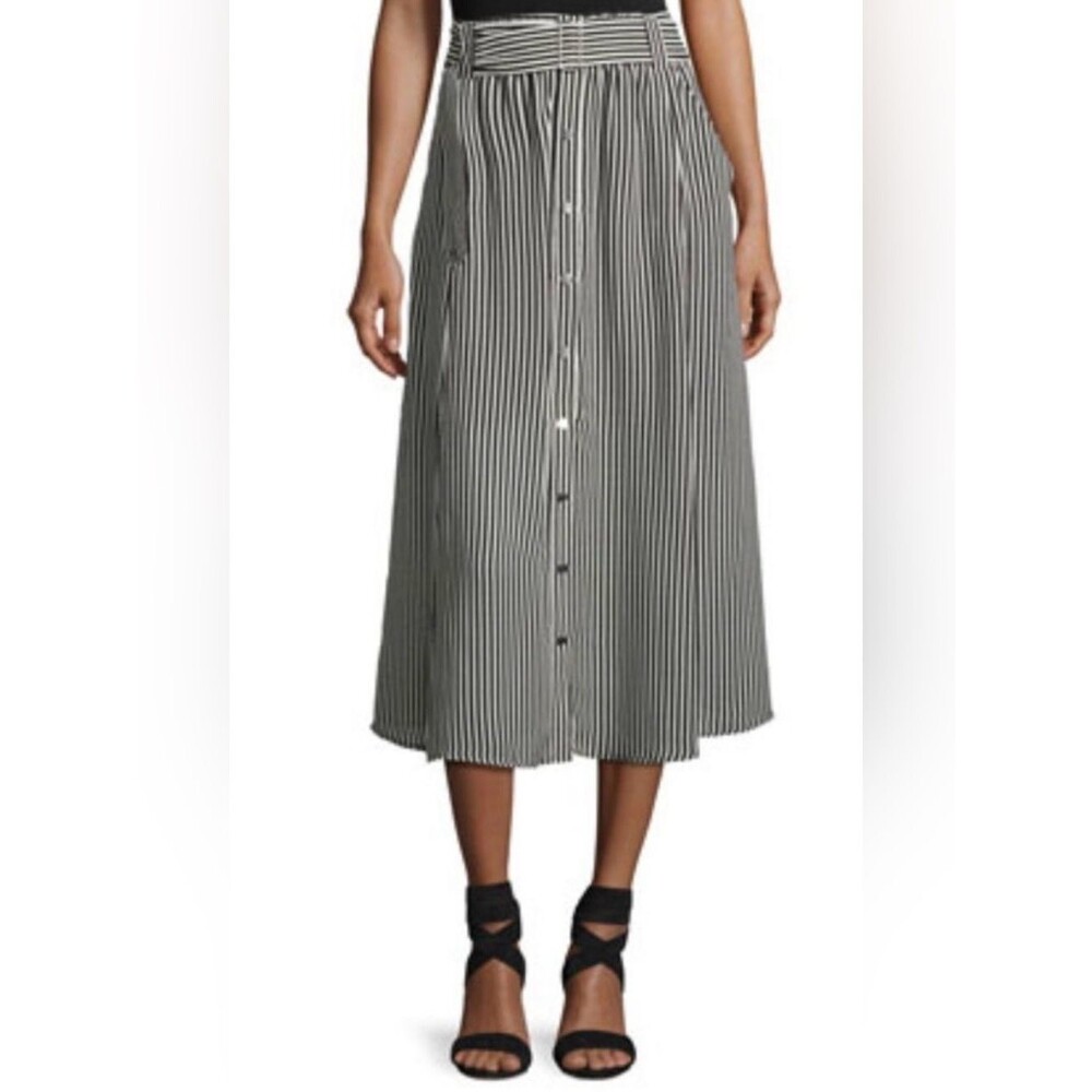 A.L.C. Divya Stripe Silk Midi Skirt Black White Button Front Belted US 2